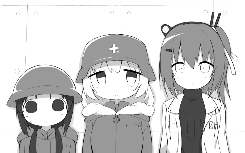 3girls a.i._voice adachi_rei brodie_helmet chito_(shoujo_shuumatsu_ryokou) combat_helmet commentary concrete crossover fur-trimmed_hood fur_trim greyscale hair_ornament hair_over_one_eye hair_ribbon hairclip headlamp helmet highres hood hood_down hooded_coat jacket lineup long_hair long_sleeves looking_at_another looking_at_viewer looking_to_the_side low_twintails medium_hair monochrome multiple_girls one_side_up open_clothes open_jacket radio_antenna ribbon shirt shoujo_shuumatsu_ryokou small_sweatdrop stahlhelm straight-on symbol-only_commentary tomin_(tomin_90) turtleneck turtleneck_shirt twintails upper_body utau yuuri_(shoujo_shuumatsu_ryokou)