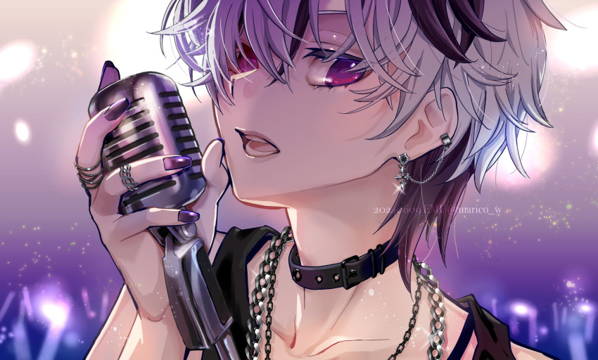 1girl ahoge androgynous artist_name black_hair black_tank_top chain chain_necklace choker ear_piercing emu_(marico_w) flower_(vocaloid) flower_(vocaloid4) highres holding holding_microphone jewelry lipstick makeup microphone multicolored_hair multiple_rings necklace piercing purple_nails ring short_hair tank_top tomboy two-tone_hair violet_eyes vocaloid white_hair