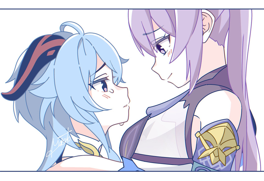 2girls bare_shoulders blue_hair blush breasts closed_mouth commentary_request crying eye_contact ganyu_(genshin_impact) genshin_impact highres horns keqing_(genshin_impact) large_breasts looking_at_another multiple_girls parted_lips purple_hair signature smile tears twintails violet_eyes wu_qin_(gyxx_04) yuri