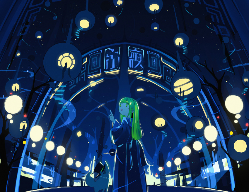 1girl absurdres bare_tree black_hat blue_dress city_lights dress feet_out_of_frame from_behind green_eyes green_hair hand_up harumaki_gohan hat highres index_finger_raised long_bangs long_dress long_hair long_sleeves looking_up night night_sky open_mouth original outdoors pointing sidelocks sky standing star_(sky) starry_sky straight_hair top_hat tree