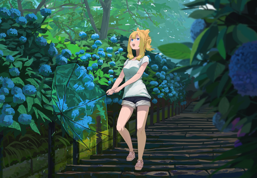 1girl absurdres after_rain blonde_hair blue_eyes blue_flower breasts chrysanthemum clenched_hands color_contrast day flower foliage full_body gochiwa highres holding holding_umbrella leaf looking_up medium_breasts medium_hair original outdoors outstretched_hand path pink_footwear sandals scenery shirt short_ponytail shorts sidelocks solo standing three_quarter_view transparent transparent_umbrella tree umbrella water_drop white_shirt wide_ponytail