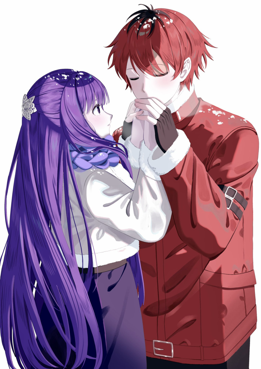 1boy 1girl black_hair blunt_bangs blush breath closed_eyes coat commentary cupping_hands fern_(sousou_no_frieren) fingerless_gloves from_side gloves hetero highres long_hair long_sleeves looking_at_another multicolored_hair nostresstuna own_hands_together profile purple_hair purple_pupils red_coat redhead roots_(hair) scarf short_hair simple_background snow sousou_no_frieren stark_(sousou_no_frieren) straight_hair upper_body very_long_hair violet_eyes warming_hands white_background white_scarf winter