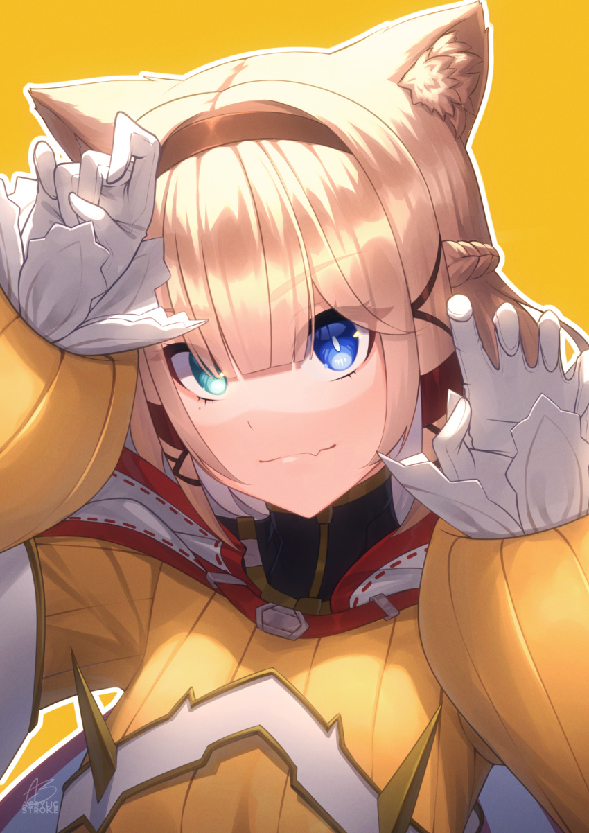 1girl acrylicstroke animal_ear_fluff animal_ears artist_name blue_eyes brown_hair cat_ears cat_girl claw_pose closed_mouth commission commissioner_upload cosplay fang gloves green_eyes headband heterochromia highres honkai_(series) honkai_impact_3rd jumpsuit long_sleeves looking_at_viewer nia_(xenoblade) nia_(xenoblade)_(cosplay) non-web_source outline pardofelis_(honkai_impact) puffy_long_sleeves puffy_sleeves short_hair signature simple_background skin_fang smile solo trait_connection upper_body watermark weapon_connection white_gloves white_hood white_outline xenoblade_chronicles_(series) xenoblade_chronicles_2 yellow_background yellow_jumpsuit