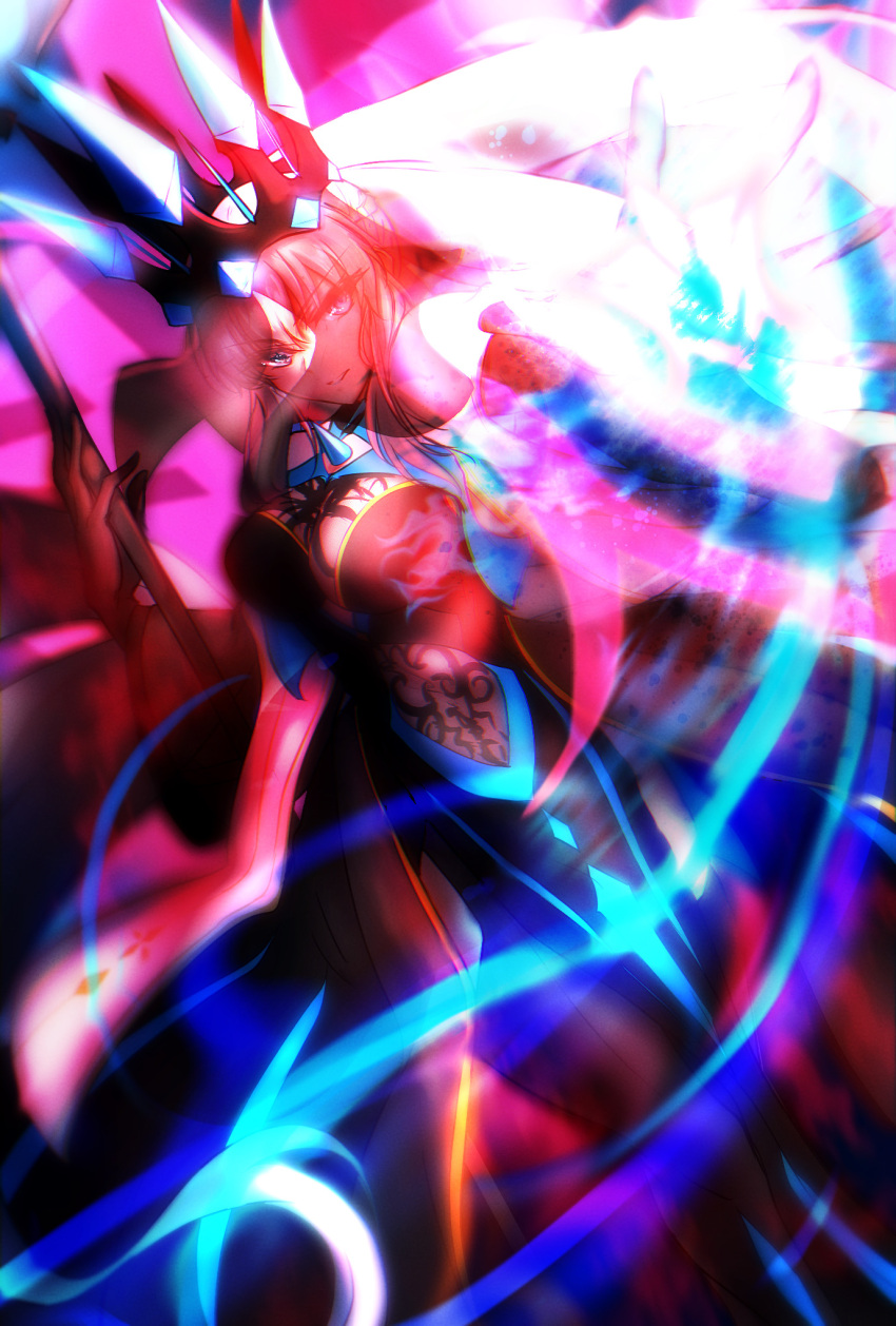 1girl black_dress black_veil blonde_hair blue_eyes breasts cleavage_cutout clothing_cutout crown dress energy fate/grand_order fate_(series) highres holding holding_staff holding_weapon mage_staff magic morgan_le_fay_(fate) morgan_le_fay_(queen_of_winter)_(fate) outstretched_arm ponytail ringozuki side_slit solo staff veil weapon