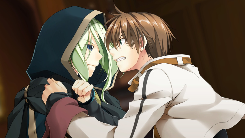 2boys alto_travers angry atelier-moo blue_eyes brown_hair closed_mouth clothes_grab curtained_hair empty_eyes face-to-face green_eyes hair_between_eyes highres hood hood_up long_sleeves merak_yildis multiple_boys short_hair standing tooth upper_body wide-eyed wizards_symphony