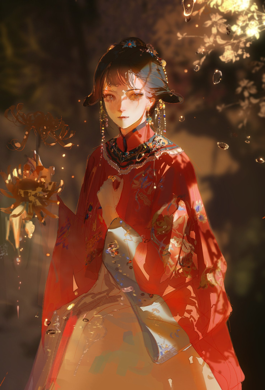 1girl black_hair blurry blurry_background brown_eyes chinese_clothes closed_mouth earrings floral_print flower hair_ornament hanfu highres holding holding_flower jewelry light_particles long_sleeves looking_at_viewer original red_flower red_robe robe short_hair solo spider_lily standing touziniao water_drop wide_sleeves