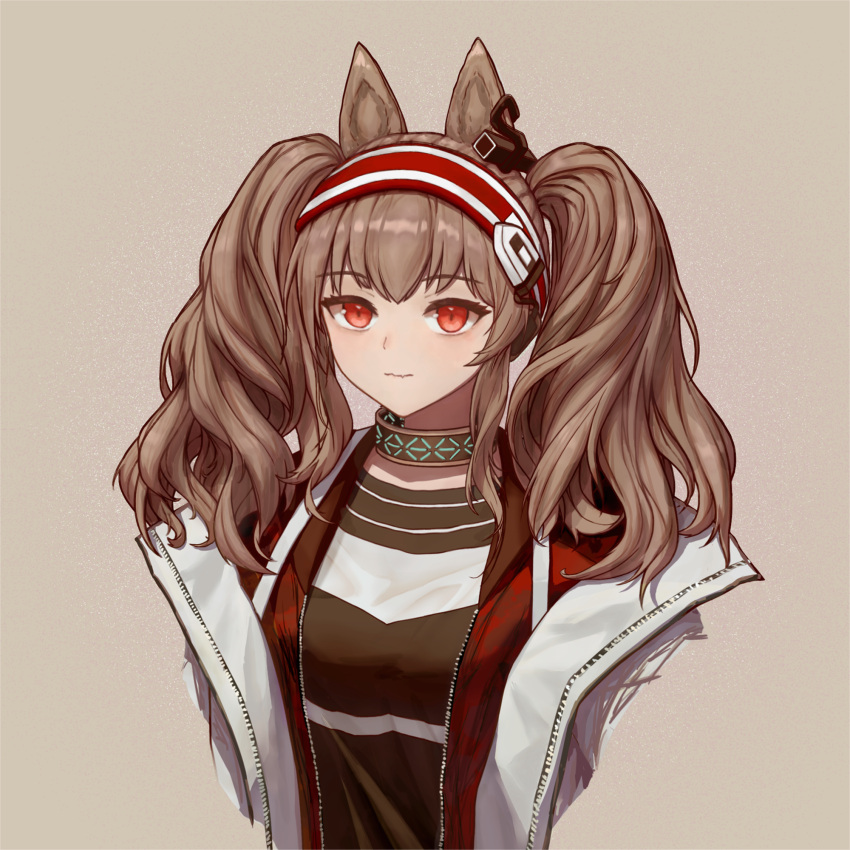 1girl angelina_(arknights) animal_ears arknights black_shirt brown_background brown_hair chinese_commentary closed_mouth commentary_request cropped_torso hairband highres infection_monitor_(arknights) jacket long_hair looking_at_viewer open_clothes open_jacket red_eyes red_hairband red_jacket shirt solo twintails unfinished white_jacket zhi_niao