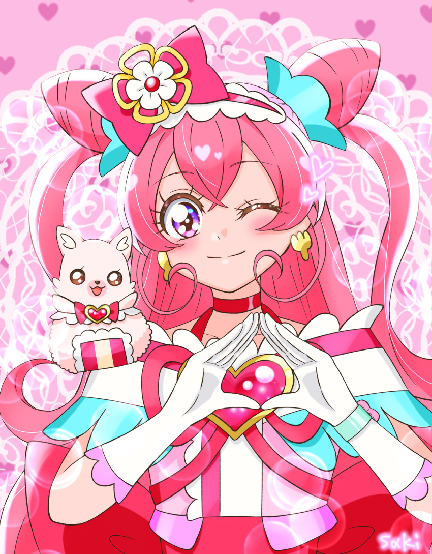 1girl absurdres back_bow blush bow brooch choker closed_mouth cone_hair_bun cure_precious delicious_party_precure double_bun earrings flower fox frilled_hairband frills gloves hair_bow hair_bun hair_flower hair_ornament hairband heart heart_background heart_brooch highres jewelry kome-kome_(precure) large_bow long_hair looking_at_viewer magical_girl nagomi_yui one_eye_closed pink_background pink_bow pink_hair pink_hairband pink_theme precure red_choker saki_(pixiv90771732) smile straight-on two_side_up upper_body violet_eyes white_gloves