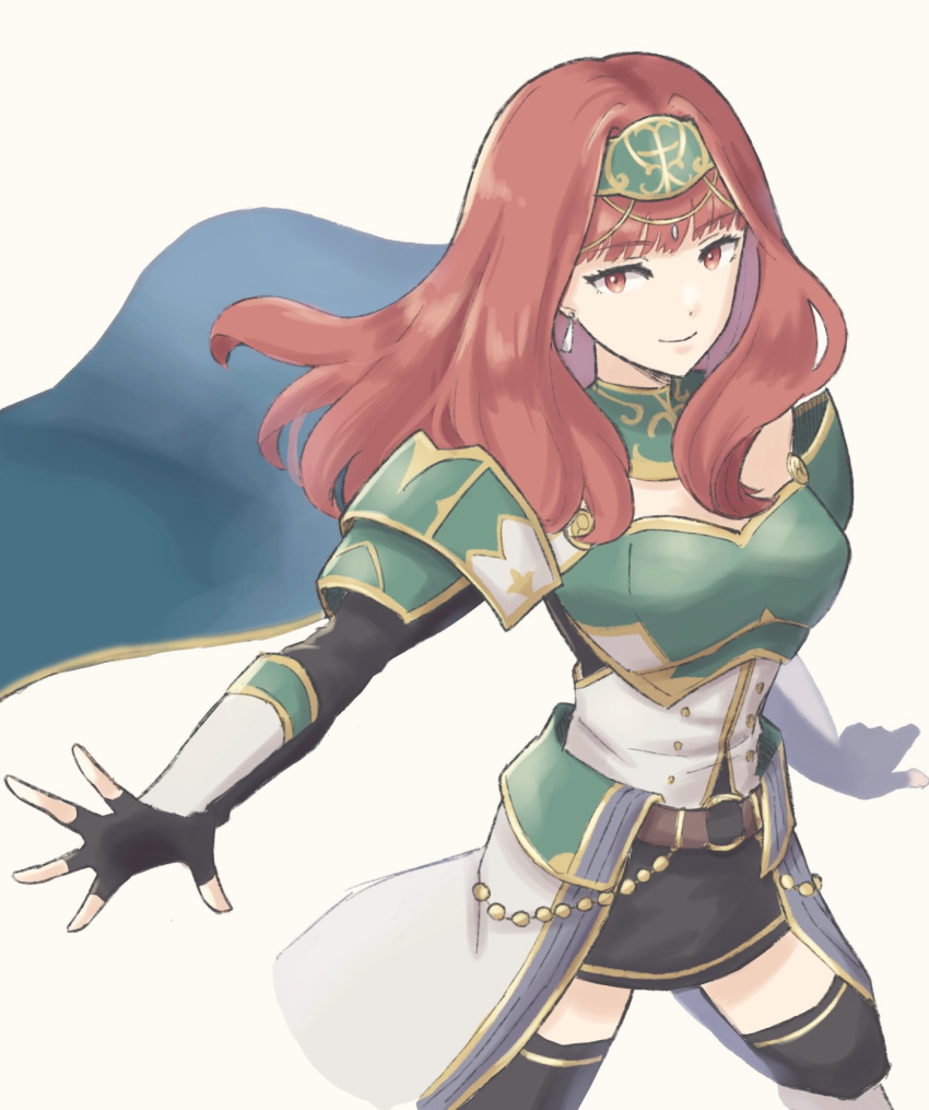 1girl armor black_gloves blue_cape blunt_bangs cape celica_(fire_emblem) celica_(fire_emblem)_(valentia's_hope) earrings feet_out_of_frame fire_emblem fire_emblem_heroes gloves green_armor highres jewelry leg_armor looking_at_viewer official_alternate_costume simple_background smile solo tea6043 white_background