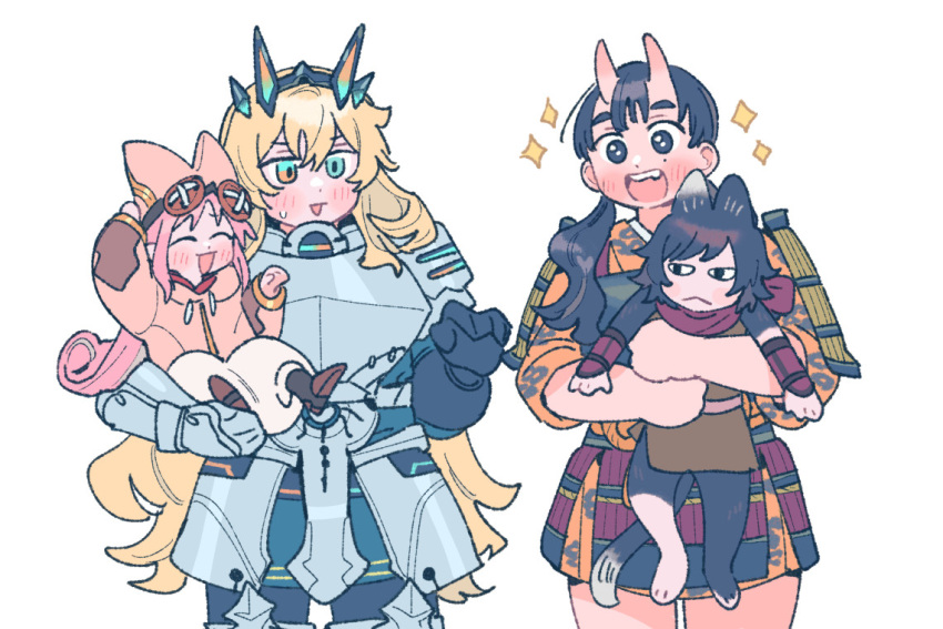 4girls :&lt; :d ^_^ animal_ears aqua_eyes armor baggy_pants barghest_(fate) black_eyes black_fur black_gloves black_hair black_pants blonde_hair blunt_bangs blush bracer breastplate button_eyes buttons cat_ears cat_girl cat_tail chipped_tooth closed_eyes commentary crossover dungeon_meshi english_commentary epaulettes fate/grand_order fate_(series) faulds gloves gorget habetrot_(fate) hair_between_eyes half-closed_eyes heterochromia hood hooded_jacket horns inutade izutsumi jacket japanese_armor japanese_clothes kimono knee_pads kusazuri lifting_person loincloth long_hair mole mole_under_eye multiple_girls oneroom-disco oni pants pauldrons pink_hair pink_hat pink_jacket plate_armor pointy_ears pointy_footwear red_eyes red_scarf scarf short_hair short_kimono shoulder_armor skin-covered_horns smile sparkle sweatdrop tail upper_body vambraces very_long_hair wavy_hair white_background white_pants wide_sleeves yellow_kimono