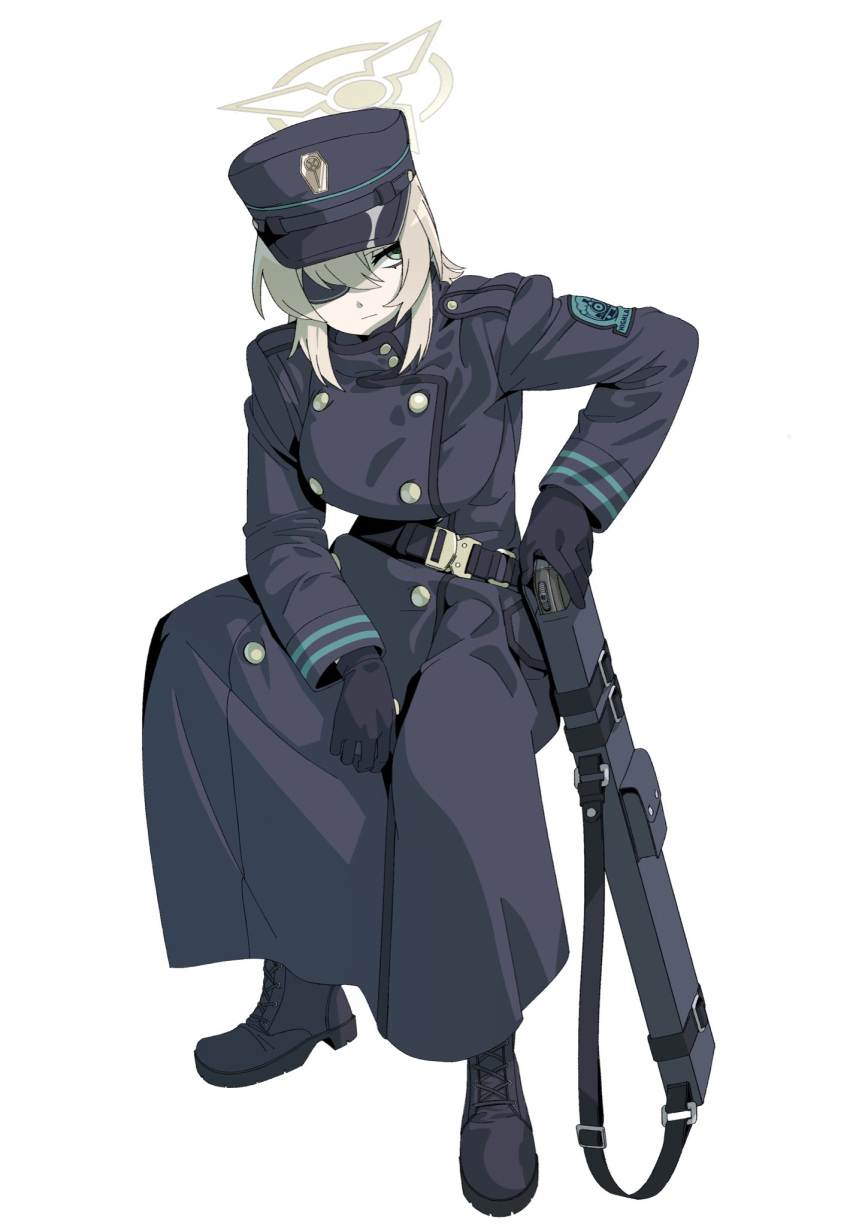1girl belt black_coat black_footwear black_gloves black_hat blue_archive boots breasts buttons closed_mouth coat eyepatch full_body gloves green_eyes grey_hair gun hair_between_eyes halo hat highres invisible_chair large_breasts long_sleeves mossberg_500 mushroom_(osh320) pump_action shotgun simple_background sitting solo suou_(blue_archive) weapon weapon_case white_background