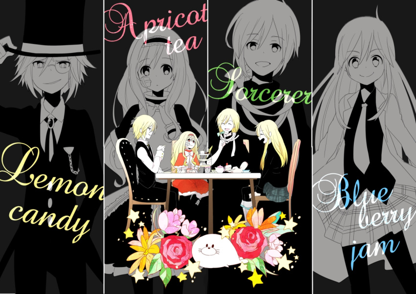 2boys 2girls blonde_hair bow bowtie brooch capelet collared_shirt dress enomoto_kankuro family flower gauze_on_cheek hat jacket jewelry long_hair long_sleeves looking_at_viewer multiple_boys multiple_girls neck_ribbon necktie original parted_lips pink_flower red_capelet red_dress red_flower red_rose ribbon rose seal_(animal) shirt sidelocks smile star_(symbol) toaru_ikka_no_tea_party_(vocaloid) top_hat very_long_hair vocaloid white_bow white_bowtie white_flower yellow_flower