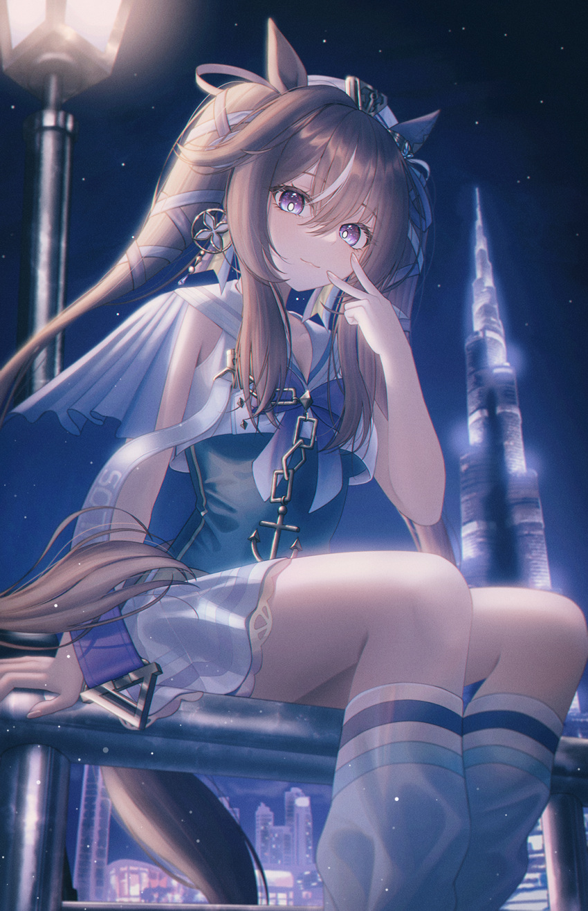1girl :3 anchor_necklace animal_ears blue_ribbon blush breasts brown_hair burj_khalifa capelet character_name city cityscape dangle_earrings dubai ear_covers earrings hair_between_eyes hair_ribbon hand_on_railing hat highres horse_ears horse_girl horse_tail jewelry lamppost leotard long_hair looking_at_viewer loose_socks mole mole_under_eye multicolored_hair necklace night night_sky on_railing railing rang_c ribbon sailor_collar sailor_shirt shirt sidelocks single_ear_cover single_earring sitting skirt sky sleeveless sleeveless_shirt smile socks solo star_(sky) streaked_hair tail twintails umamusume v violet_eyes vivlos_(umamusume)
