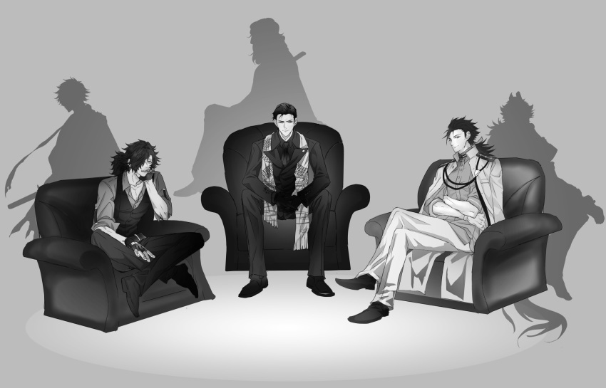 6+boys arm_support armchair chair cigarette coat coat_on_shoulders collared_cape collared_shirt crossed_arms crossed_legs crossover cutout_gloves dragon_print expressionless facial_hair fate/grand_order fate_(series) figure_four_sitting fringe_trim full_body gloves grey_background greyscale hair_between_eyes hair_over_one_eye hair_slicked_back head_on_hand head_rest highres hizen_tadahiro indian_style jacket katana lapels leaning_back legs_apart long_hair long_sleeves looking_at_viewer low_ponytail male_focus mmc_touken monochrome multiple_boys mutsu-no-kami_yoshiyuki nankaitarou_chouson necktie notched_lapels okada_izou_(fate) okada_izou_(i'm_one_dapping_fella)_(fate) on_chair open_collar own_hands_together pants profile sakamoto_ryouma_(fate) sakamoto_ryouma_(lancer)_(fate) serious shirt shoes short_hair sideways_glance silhouette simple_background sitting sleeves_rolled_up smile smoking stole stubble suit sword takechi_zuizan_(fate) touken_ranbu v-shaped_eyebrows vest weapon wrinkled_skin