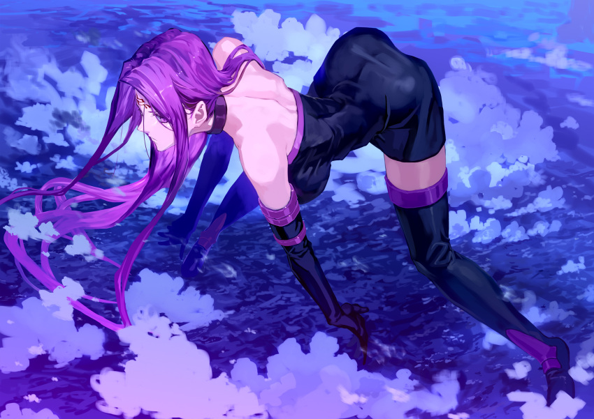 1girl bare_shoulders bob_(biyonbiyon) boots breasts collar dress facial_mark fate/grand_order fate/hollow_ataraxia fate/stay_night fate_(series) forehead_mark heaven's_feel highres large_breasts long_hair medusa_(fate) medusa_(rider)_(fate) purple_hair solo strapless strapless_dress thigh-highs thigh_boots very_long_hair violet_eyes