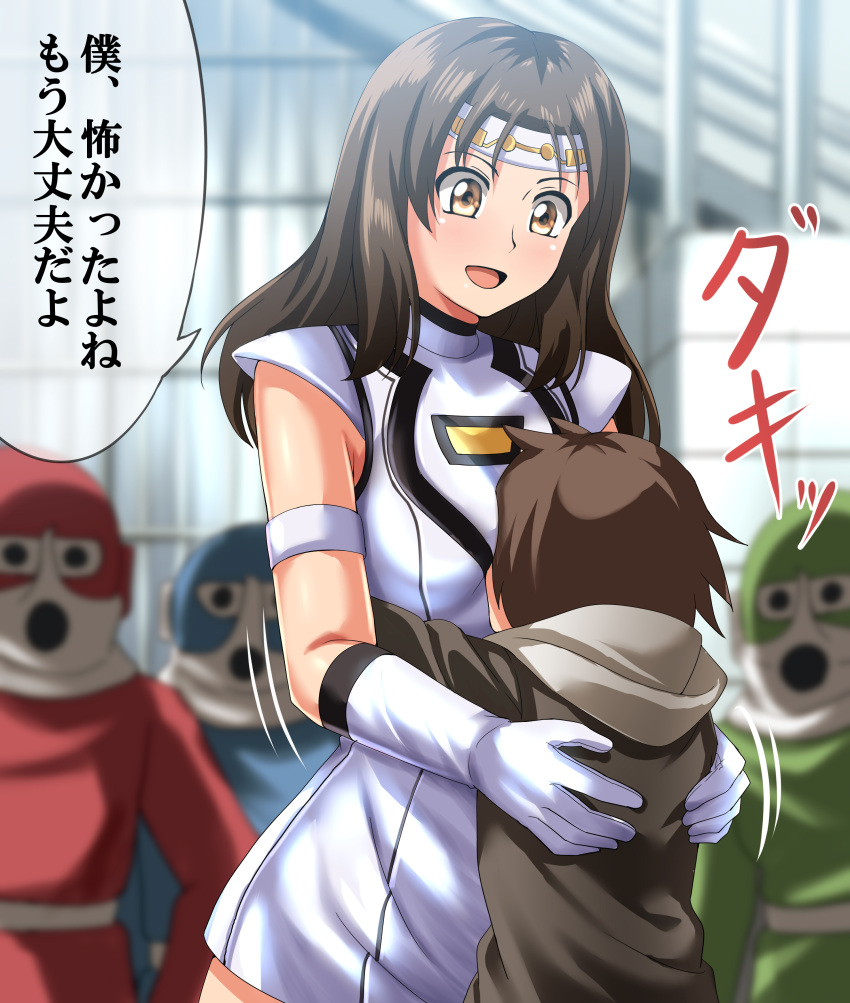 1boy 1girl absurdres armband black_eyes black_hair black_hoodie blurry blurry_background commentary_request commission depth_of_field dress gekisou_sentai_carranger gloves highres hood hood_down hoodie hug long_hair long_sleeves looking_at_another motion_lines multiple_others open_mouth partial_commentary pixiv_commission radietta_fanbelt short_dress short_hair sleeveless sleeveless_dress smile standing super_sentai translated white_dress white_gloves white_hair zanntetu