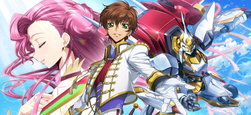 1boy 1girl artist_request blue_sky brown_hair closed_eyes clouds code_geass code_geass:_lost_stories cropped_jacket day earrings epaulettes euphemia_li_britannia flower from_side game_cg glint gloves gold_trim green_eyes hair_between_eyes hand_on_own_chest hand_up highres jacket jewelry kururugi_suzaku lancelot_(code_geass) lancelot_air_cavalry lens_flare light_particles long_hair long_sleeves looking_at_viewer mecha military_uniform non-web_source official_art outdoors outstretched_arm parted_lips pink_flower pink_hair profile purple_shirt reaching reaching_towards_viewer red_vest robot shirt short_hair sidelocks sky smile standing tassel teeth u_u uniform upper_body vest white_gloves white_jacket