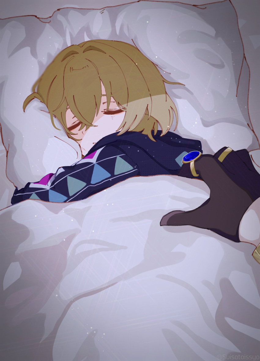 1boy aged_down aventurine_(honkai:_star_rail) bed bed_sheet black_gloves blonde_hair closed_eyes closed_mouth gloves hair_between_eyes highres honkai:_star_rail honkai_(series) hood hoodie jewelry long_sleeves male_focus on_bed out_of_frame pillow ring short_hair suisotoissyo
