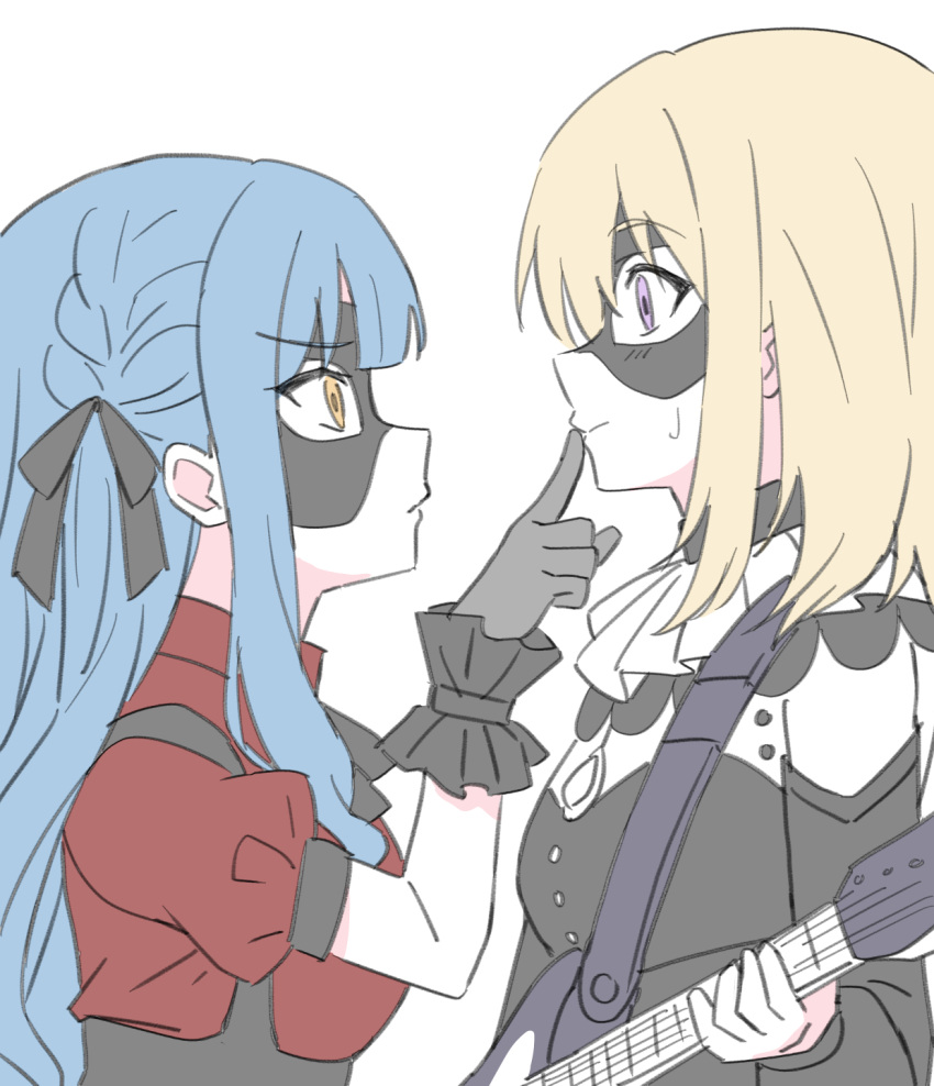 2girls bang_dream! black_dress black_gloves black_mask black_ribbon blonde_hair blue_hair commentary_request domino_mask dress eye_contact finger_to_another's_mouth from_side gloves guitar hair_ribbon highres holding holding_guitar holding_instrument instrument long_hair looking_at_another mask medium_hair misumi_uika multiple_girls nogreen profile red_shirt ribbon shirt short_sleeves simple_background sweatdrop togawa_sakiko two_side_up upper_body violet_eyes white_background yellow_eyes yuri