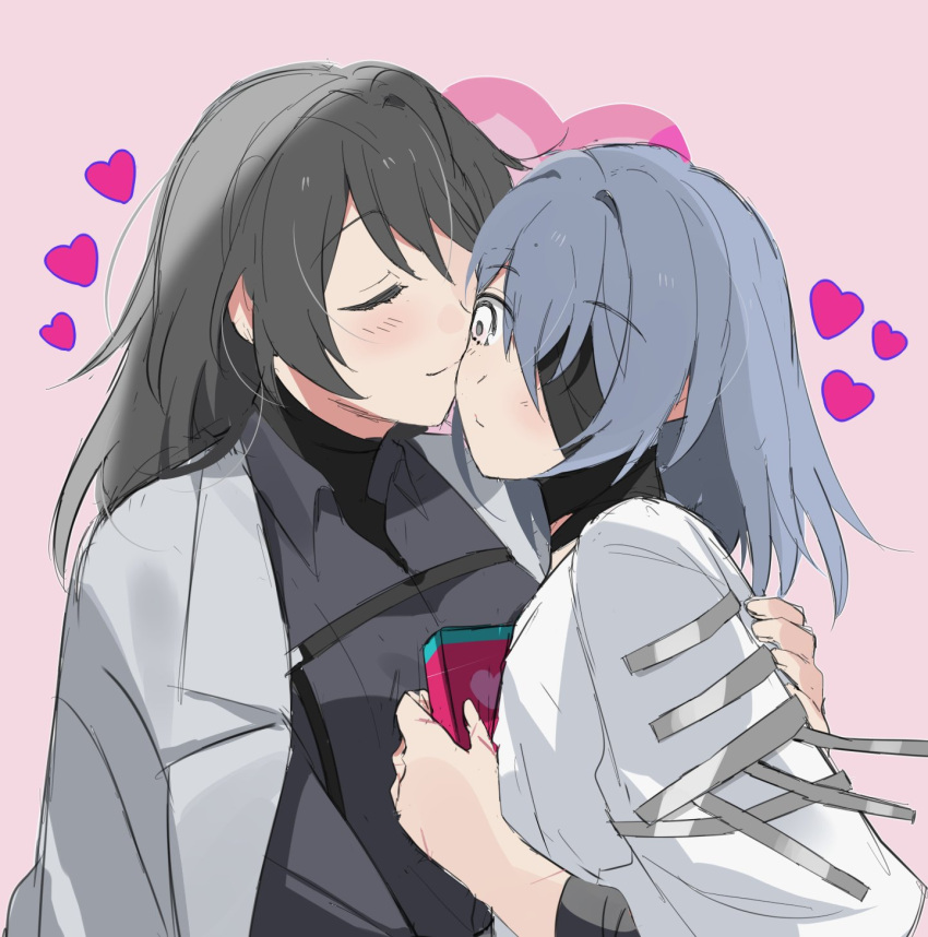 2girls black_bandages black_hair black_shirt blue_hair blush chest_strap chief_(path_to_nowhere) closed_eyes closed_mouth coat coat_on_shoulders collared_shirt eyepatch female_chief_(path_to_nowhere) grey_coat hand_on_another's_back heart hecate_(path_to_nowhere) highres holding kiss kissing_cheek long_hair multiple_girls path_to_nowhere pink_background sappazell shirt simple_background upper_body white_shirt yuri