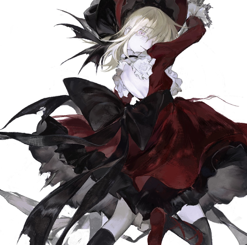 1girl arm_up back_bow backless_outfit bare_back black_bow black_thighhighs blonde_hair bow choker dress frilled_choker frills hat highres large_bow looking_at_viewer medium_hair original pink_eyes raivarune red_dress simple_background smile solo thigh-highs white_background
