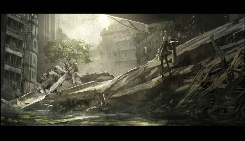 1boy 1girl 2b_(nier:automata) 9s_(nier:automata) black_dress black_shirt black_shorts black_thighhighs city dress floating floating_object floating_sword floating_weapon highres letterboxed nier:automata nier_(series) ruins scenery shirt shorts soraciel standing sword sword_behind_back thigh-highs tree weapon white_hair