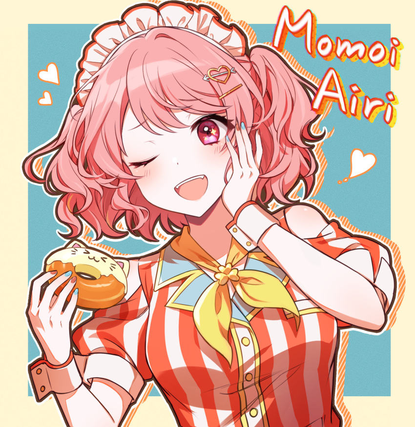 1girl alternate_costume alternate_hairstyle breasts burger clothing_cutout food heart highres kheng_(k_heng1223) momoi_airi official_alternate_costume official_alternate_hairstyle one_eye_closed open_mouth pink_hair project_sekai shoulder_cutout smile solo twintails upper_body wrist_cuffs