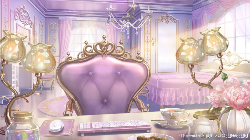 armchair artist_name bed bedroom blanket cabinet candy candy_jar chair chandelier checkerboard_cookie cookie cup curtains day flower food highres himeno_aimu indie_virtual_youtuber indoors jar keyboard_(computer) lamp mouse_(computer) muntins no_humans official_art pillow pink_flower pink_rose plate rose rug saucer scenery stool sugawa_mako sunlight table tea teacup teapot teaspoon vanity_table vase window