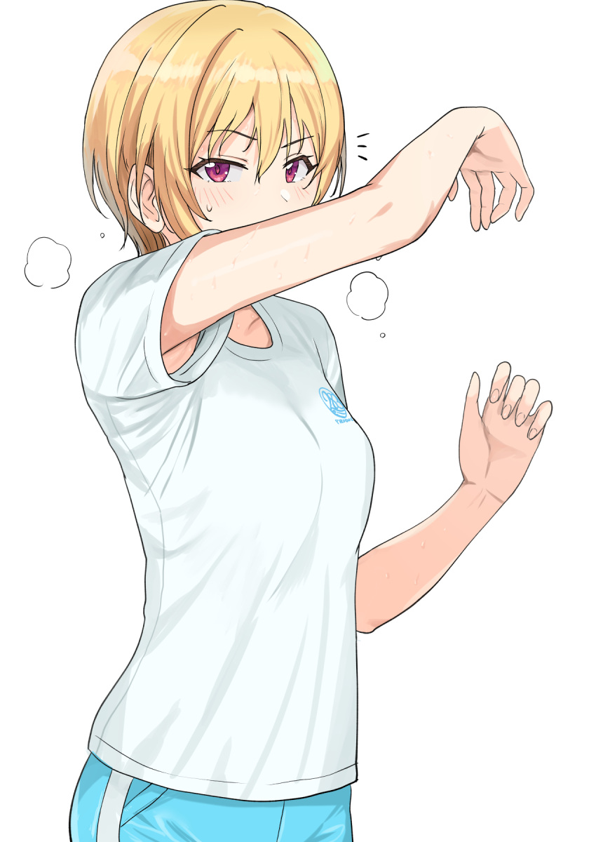 1girl blonde_hair blue_pants blush breasts from_side gym_pants gym_shirt hair_between_eyes hands_up heavy_breathing highres idolmaster idolmaster_shiny_colors looking_at_viewer pants saijo_juri shirt short_hair short_sleeves simple_background small_breasts solo sweat tsurui violet_eyes white_background white_shirt