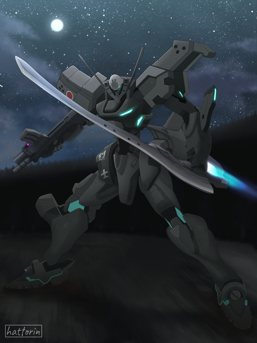 absurdres artist_name assault_visor gun hattorin highres holding holding_gun holding_sword holding_weapon mecha muv-luv muv-luv_alternative night night_sky no_humans robot sky solo sword tactical_surface_fighter type_94_shiranui weapon