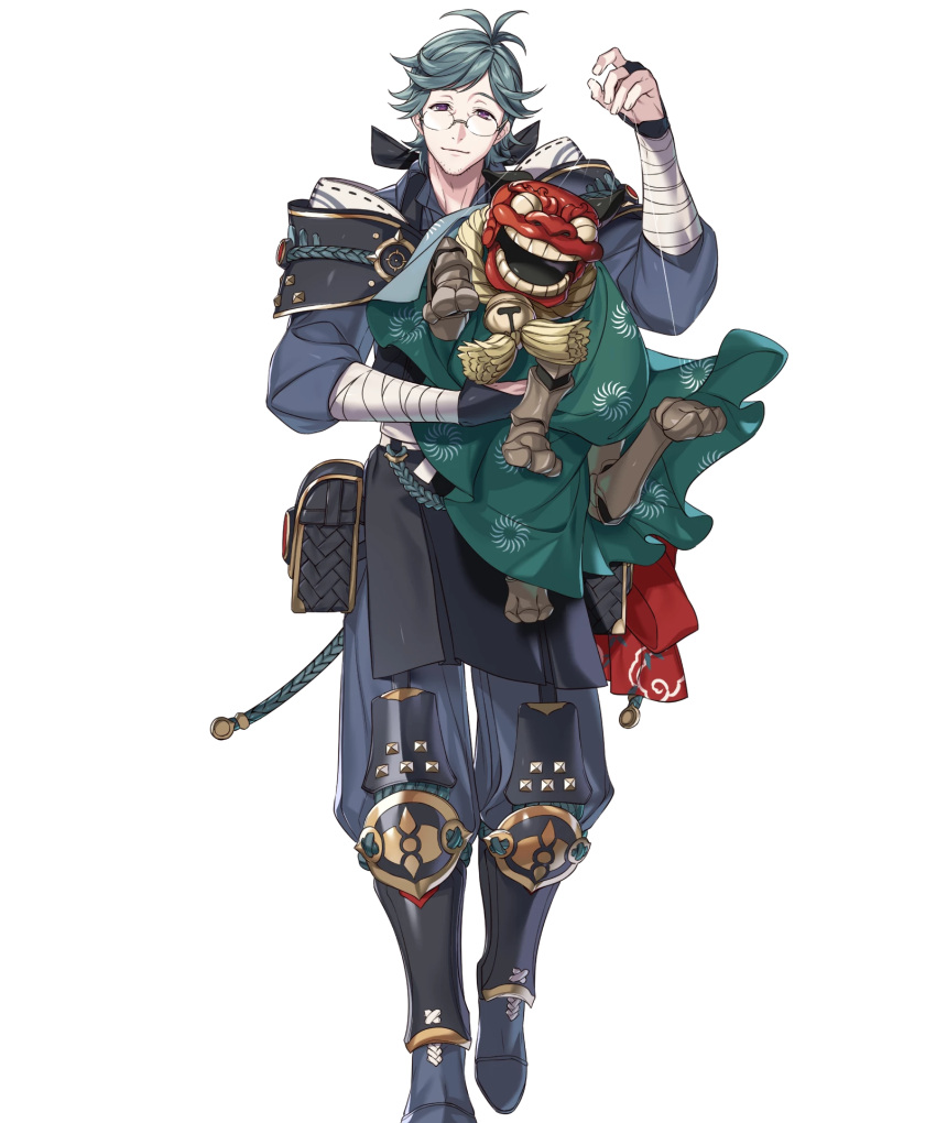 1boy bandaged_arm bandages breasts fire_emblem fire_emblem_fates fire_emblem_heroes glasses grey_eyes grey_hair highres japanese_clothes looking_at_viewer medium_breasts non-web_source official_art puppet puppet_strings round_eyewear smile solo tachi-e yukimura_(fire_emblem)