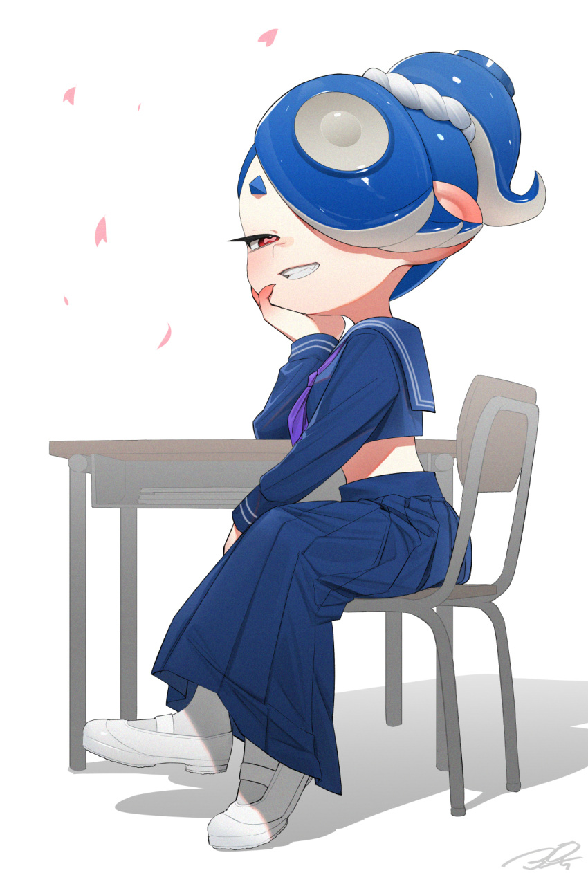 1girl aged_down blue_hair blue_sailor_collar blue_serafuku blue_skirt cephalopod_eyes chair crop_top desk falling_petals figure_four_sitting full_body grin hair_over_one_eye hand_on_own_chin head_rest high_ponytail highres long_hair long_skirt looking_at_viewer mary_janes midriff neckerchief octoling official_alternate_costume on_chair one_eye_covered pantyhose petals pink_petals pink_pupils pleated_skirt puchiman purple_neckerchief raised_eyebrows red_eyes sailor_collar school_chair school_desk school_uniform serafuku shiver_(splatoon) shoes short_eyebrows sitting skirt smile solo splatoon_(series) splatoon_3 suction_cups swept_bangs tentacle_hair white_background white_footwear white_pantyhose