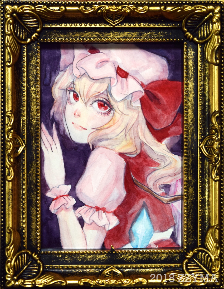 1girl arm_ribbon artist_name blonde_hair blue_gemstone dated flandre_scarlet frilled_hat frilled_shirt frilled_sleeves frilled_wristband frills gem hair_between_eyes hat hat_ribbon highres jewelry johnalay looking_at_viewer medium_hair mob_cap painting_(medium) picture_frame ponytail puffy_short_sleeves puffy_sleeves red_eyes red_ribbon red_skirt red_vest ribbon shirt short_sleeves side_ponytail skirt slit_pupils smile touhou traditional_media vampire vest watercolor_(medium) white_hat white_shirt wings wristband