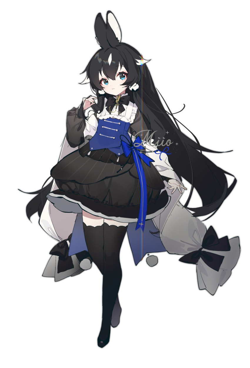 1girl animal_ears arin_(fanfan013) artist_name black_bow black_bowtie black_footwear black_hair black_shirt black_skirt black_sleeves blue_bow blue_eyes blue_vest boots bow bowtie bubble_skirt collar collared_shirt colored_tips commentary expressionless eyelashes frilled_shirt frilled_skirt frills full_body hair_ears hair_ornament hair_scrunchie highres layered_sleeves long_hair looking_at_viewer miniskirt multicolored_hair original parted_lips pinstripe_pattern pinstripe_suit pom_pom_(clothes) rabbit_ears scrunchie shirt simple_background skirt sleeve_bow solo suit symbol-only_commentary thigh_boots very_long_hair vest watermark white_background white_collar white_hair white_scrunchie white_sleeves wide_sleeves