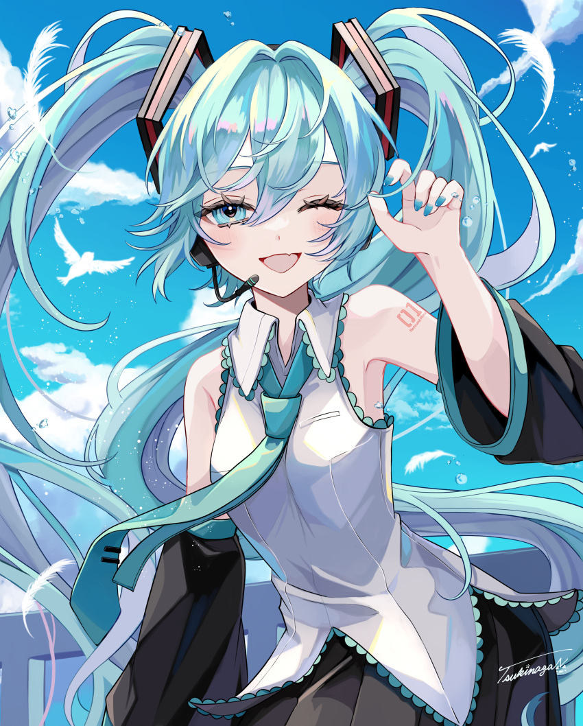 1girl ;d absurdres arm_tattoo bird black_skirt black_sleeves blue_eyes blue_hair blue_nails blue_necktie blue_sky clouds collared_shirt day detached_sleeves dress_shirt fang floating_hair hair_ornament hatsune_miku headphones headset highres long_hair long_sleeves looking_at_viewer microphone miku_day naguno-0713 nail_polish necktie number_tattoo one_eye_closed outdoors pleated_skirt shirt skin_fang skirt sky sleeveless sleeveless_shirt smile solo tattoo twintails very_long_hair vocaloid white_shirt wing_collar