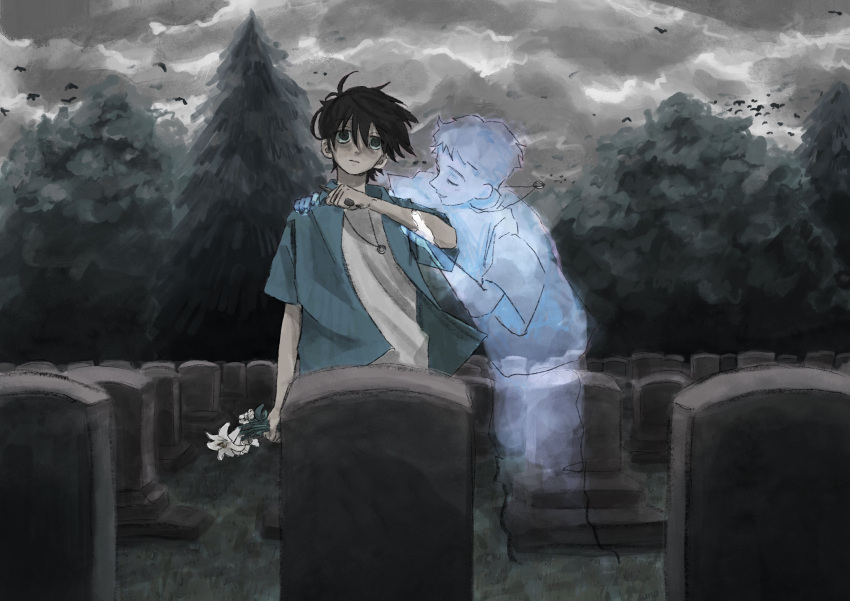 2boys absurdres black_eyes black_hair closed_eyes expressionless flower ghost grave grey_sky highres holding jewelry multiple_boys necklace original pale_skin simple_bird sky tombstone tree ueotto
