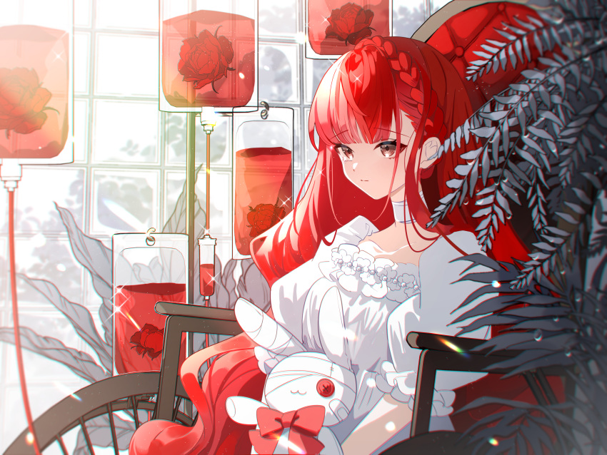 1girl :3 absurdres bandages bandaid bow braid brown_eyes button_eyes buttons chilcy35 choker commentary crown_braid day dress english_commentary flower frilled_dress frills glass greenhouse highres indoors iv_stand leaf long_hair original plant puffy_short_sleeves puffy_sleeves red_bow red_flower red_rose red_theme redhead rose short_sleeves sitting solo sparkle stuffed_animal stuffed_rabbit stuffed_toy tearing_up upper_body very_long_hair wheelchair white_choker white_dress window