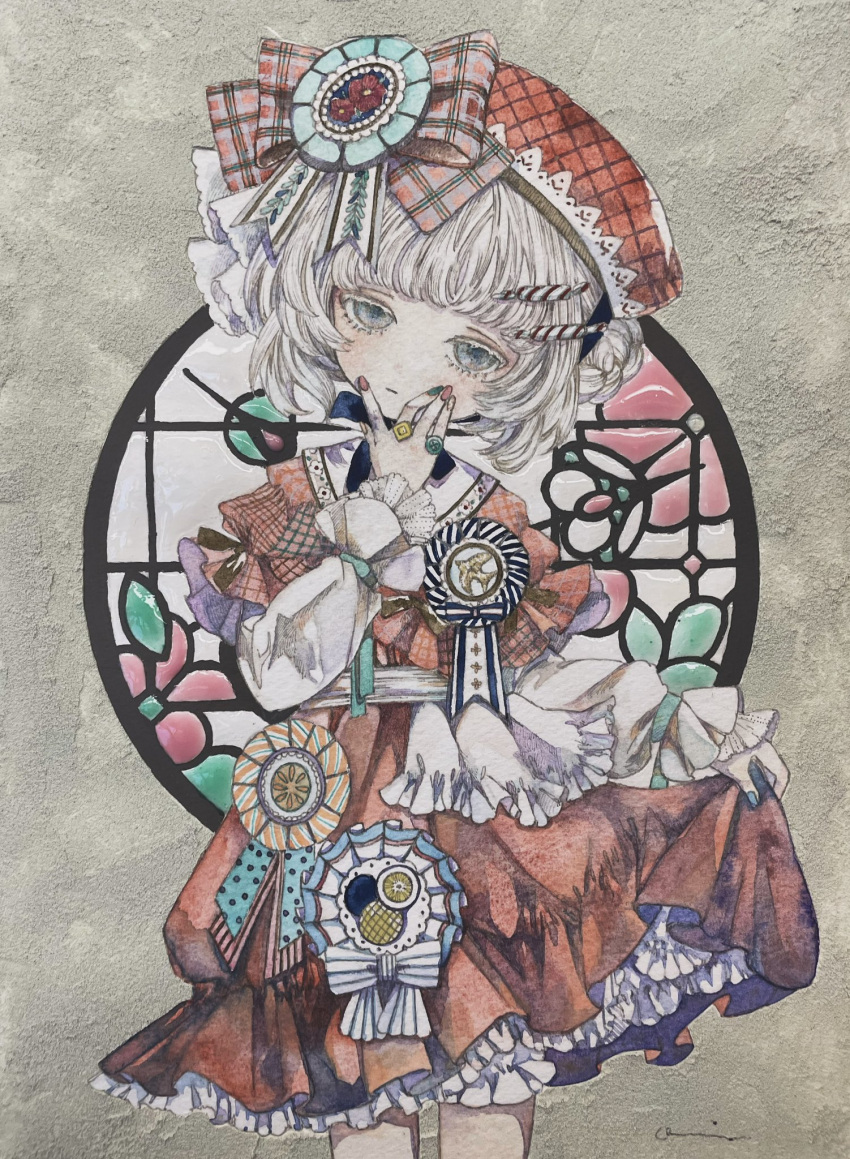 1girl badge blush bow dress expressionless frilled_dress frills grey_eyes hand_on_own_face hat hat_bow highres jewelry karintoun looking_at_viewer multicolored_nails original painting_(medium) red_dress ring short_hair skirt_hold solo stained_glass traditional_media watercolor_(medium) white_hair window