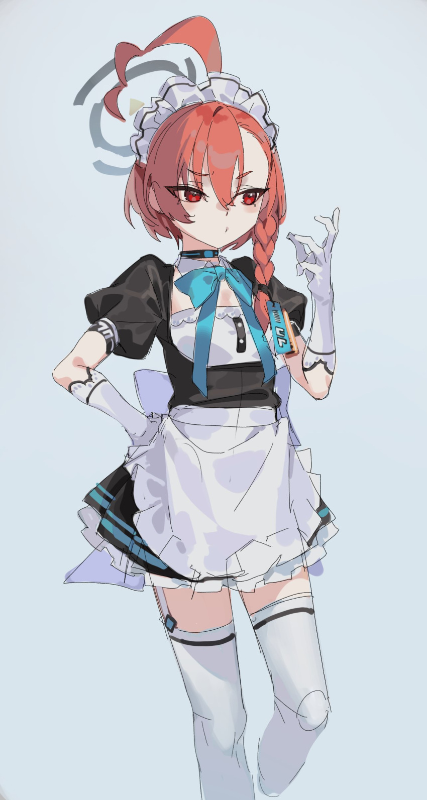 1girl absurdres ahoge apron black_dress blue_archive braid closed_mouth controlline3 cropped_legs dress feet_out_of_frame frilled_apron frills gloves gradient_background hair_between_eyes halo highres huge_ahoge maid maid_apron maid_headdress mole mole_under_eye neru_(blue_archive) puffy_short_sleeves puffy_sleeves red_eyes redhead short_hair short_sleeves single_braid solo thigh-highs white_apron white_gloves white_thighhighs