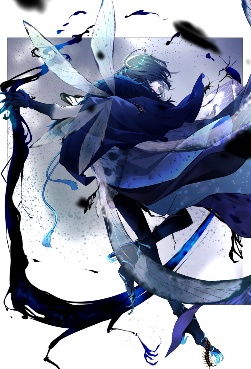 1boy arthropod_boy arthropod_limbs black_hair blue_eyes bug cape centipede crown diamond_hairband dragonfly_wings facing_away fate/grand_order fate_(series) full_body fur-trimmed_cape fur_trim highres holding holding_scythe insect_wings long_sleeves looking_at_viewer male_focus morita_yuu moth oberon_(fate) oberon_(third_ascension)_(fate) scythe short_hair solo wing_cape wings
