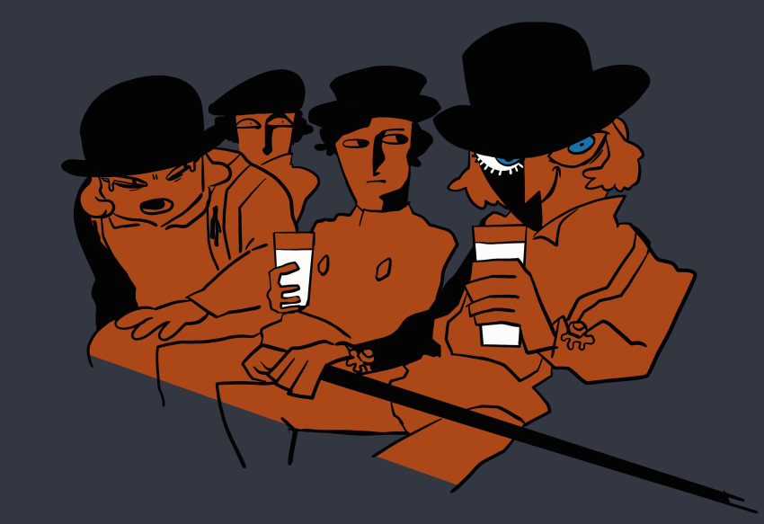 4boys a_clockwork_orange absurdres alex_delarge black_background blue_eyes bowler_hat cabbie_hat cane closed_mouth codpiece collared_shirt cropped_legs crying crying_with_eyes_open cup curly_hair dim_(droog) drinking_glass expressionless eyelashes georgie_(droog) glaring hand_on_lap hat high_contrast highres holding holding_cane holding_cup kipper_goodbreakfast limited_palette long_sleeves looking_at_another looking_at_viewer male_focus milk mismatched_sclera multiple_boys orange_theme pants pete_(droog) shirt shirt_tucked_in short_hair sideways_hat simple_background smirk suspenders tears