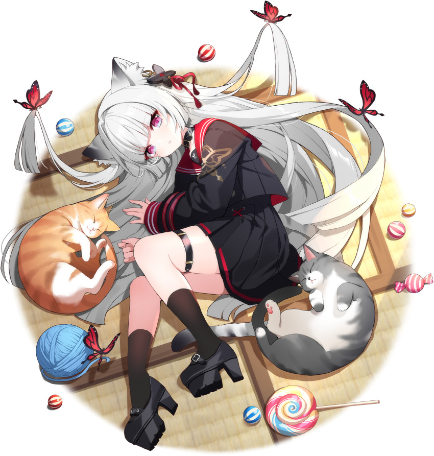 1girl animal_ears belt_collar black_footwear black_shirt black_skirt black_socks bug butterfly candy cat cat_ears cat_girl cat_tail collar eversoul food full_body game_cg grey_cat hair_ornament highres lollipop long_hair long_sleeves lying mole mole_under_eye non-web_source official_alternate_costume official_art on_side orange_cat parted_lips platform_footwear red_sailor_collar sailor_collar sakuyo_(eversoul) school_uniform shirt skirt sleeves_past_wrists socks solo swirl_lollipop tachi-e tail tatami thigh_strap thighs transparent_background very_long_hair violet_eyes white_hair yarn yarn_ball