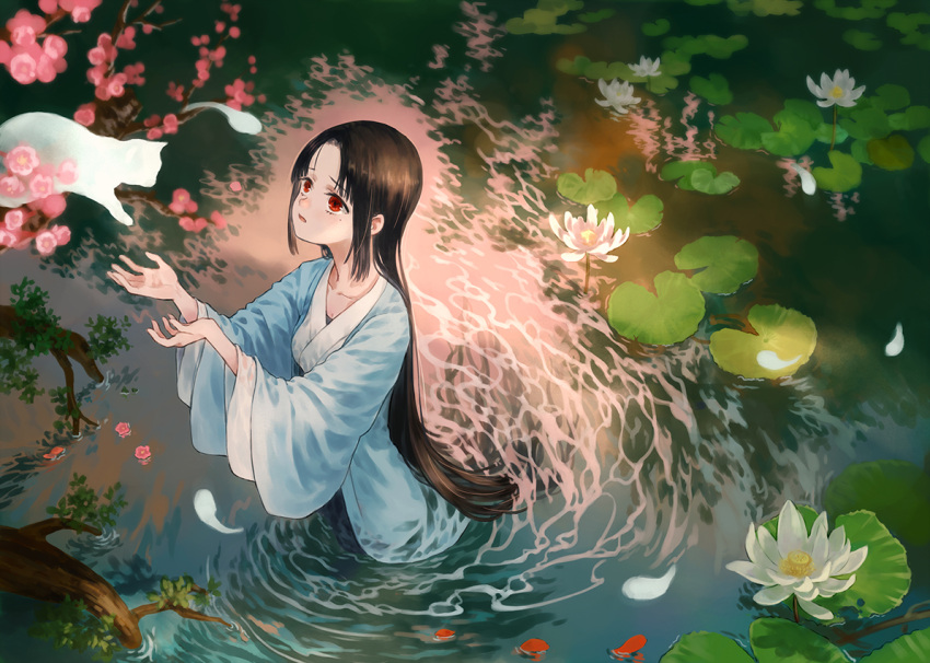 1girl black_hair brown_hair cherry_blossoms collarbone commentary_request flower from_above ghost lily_pad long_hair long_sleeves looking_up lotus moekon original outdoors parted_bangs parted_lips partially_submerged petals pink_flower red_eyes ripples solo very_long_hair wading water wide_sleeves