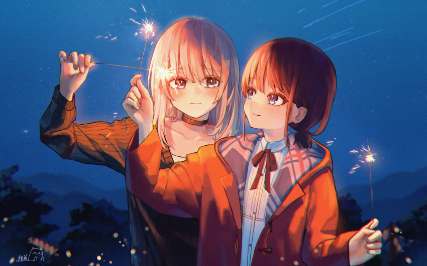 2girls absurdres black_choker black_sweater blue_eyes blush brown_hair chinese_commentary choker closed_mouth collarbone collared_shirt commentary_request dress_shirt film_grain girls_band_cry grey_eyes grey_hair highres holding holding_fireworks iseri_nina jacket kawaragi_momoka long_hair long_sleeves low_twintails making-of_available multiple_girls neck_ribbon night night_sky open_clothes open_jacket outdoors red_jacket red_ribbon ribbon shirt shooting_star short_hair short_twintails signature sklt_(swyt8223) sky sweater twintails upper_body wavy_mouth white_shirt