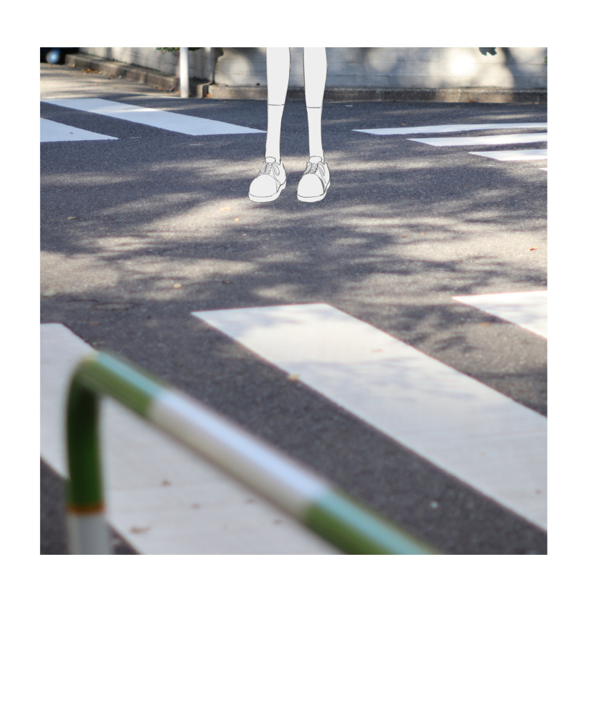 1girl absurdres bang_dream! bang_dream!_it's_mygo!!!!! blurry blurry_foreground commentary_request crosswalk dappled_sunlight day highres lower_body official_art outdoors photo_background shoes shu_atelier sneakers socks solo sunlight takamatsu_tomori