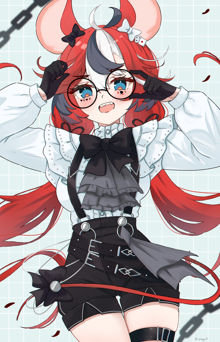 1girl absurdres animal_ears ascot belt black_belt black_bow black_bowtie black_gloves black_hair black_shorts blue_eyes blush bow bowtie breasts chain cross cross_facial_mark dice_hair_ornament english_commentary facial_mark frilled_shirt frills glasses gloves grey_ascot hair_bow hair_ornament hakos_baelz hakos_baelz_(4th_costume) heart heart_facial_mark high-waist_shorts highres hololive hololive_english long_hair long_sleeves looking_at_viewer magui3 medium_breasts mouse_ears mouse_girl mouse_tail multicolored_hair official_alternate_costume open_mouth puffy_long_sleeves puffy_sleeves redhead round_eyewear sharp_teeth shirt shorts solo streaked_hair suspender_shorts suspenders tail tail_bow tail_ornament teeth thigh_strap twintails upper_teeth_only virtual_youtuber white_bow white_hair white_shirt x_facial_mark