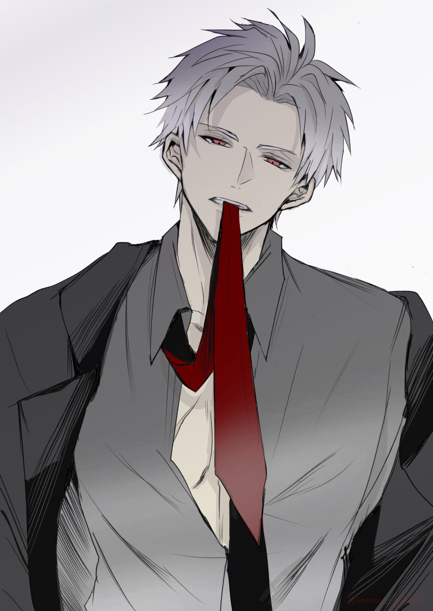 1boy absurdres black_coat coat collared_shirt grey_hair grey_shirt head_tilt highres looking_at_viewer love_and_deepspace male_focus maru_yude2 necktie necktie_on_mouth parted_bangs parted_lips red_eyes red_necktie shirt short_hair simple_background solo sylus_(love_and_deepspace) teeth twitter_username white_background