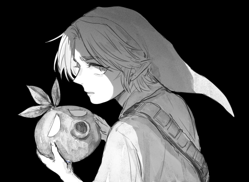 1boy commentary conical_hat deku_mask english_commentary from_behind greyscale hat highres himu_zelda holding holding_mask link looking_at_viewer male_focus mask monochrome parted_lips pointy_ears shirt short_hair simple_background solo the_legend_of_zelda the_legend_of_zelda:_majora's_mask