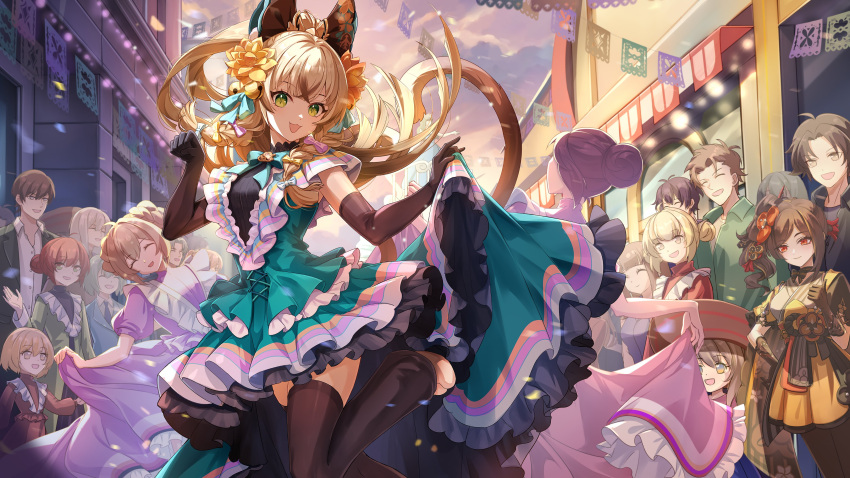 6+boys 6+girls absurdres animal_ears black_gloves black_thighhighs bow brown_hair cat_ears cat_girl cat_tail chiori_(genshin_impact) closed_mouth crossed_bangs dress elbow_gloves floating_hair flower genshin_impact gloves green_bow green_dress green_eyes hair_between_eyes hair_bow hair_flower hair_ornament hand_on_own_hip hand_up highres kirara_(genshin_impact) light_brown_hair long_hair looking_at_another looking_at_viewer multicolored_hair multiple_boys multiple_girls nekomata official_art open_mouth red_eyes short_sleeves smile standing standing_on_one_leg streaked_hair tail thigh-highs thumbs_up
