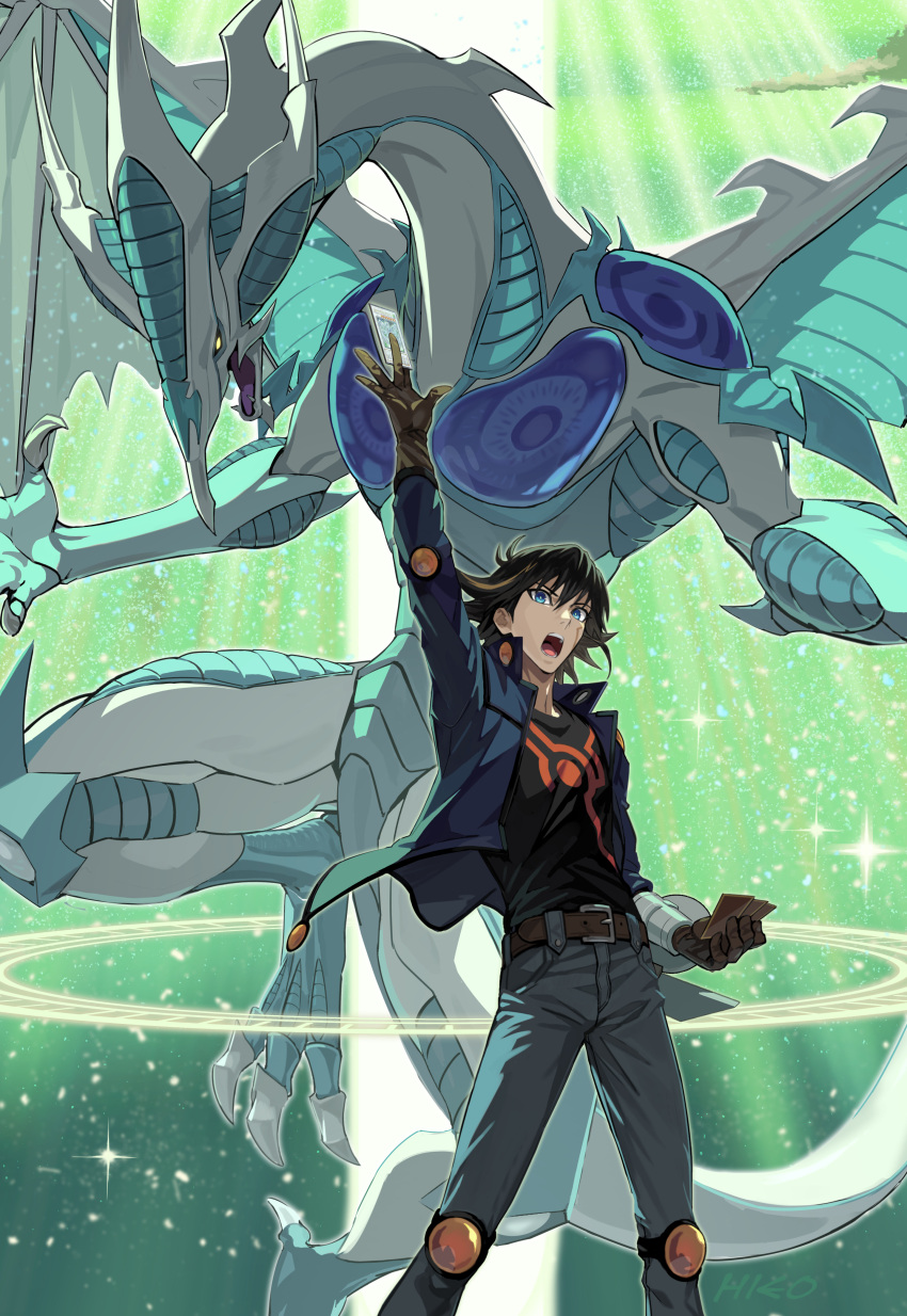 1boy absurdres arm_up black_hair black_shirt blue_eyes blue_jacket brown_footwear brown_gloves bum_hico card dragon duel_monster fudo_yusei full_body gloves grey_pants highres holding holding_card jacket male_focus multicolored_hair open_clothes open_jacket open_mouth pants print_shirt purple_background shirt solo standing stardust_dragon streaked_hair trading_card western_dragon yu-gi-oh! yu-gi-oh!_5d's
